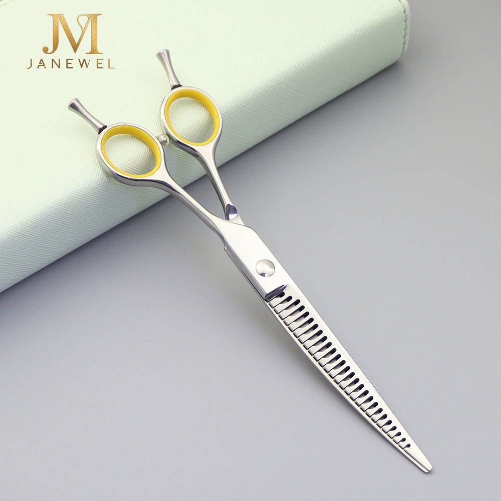 Curved chunker grooming shears 7 inch VG10 steel, silver finish, for bulk removal and coat shaping. - thumbnail 4