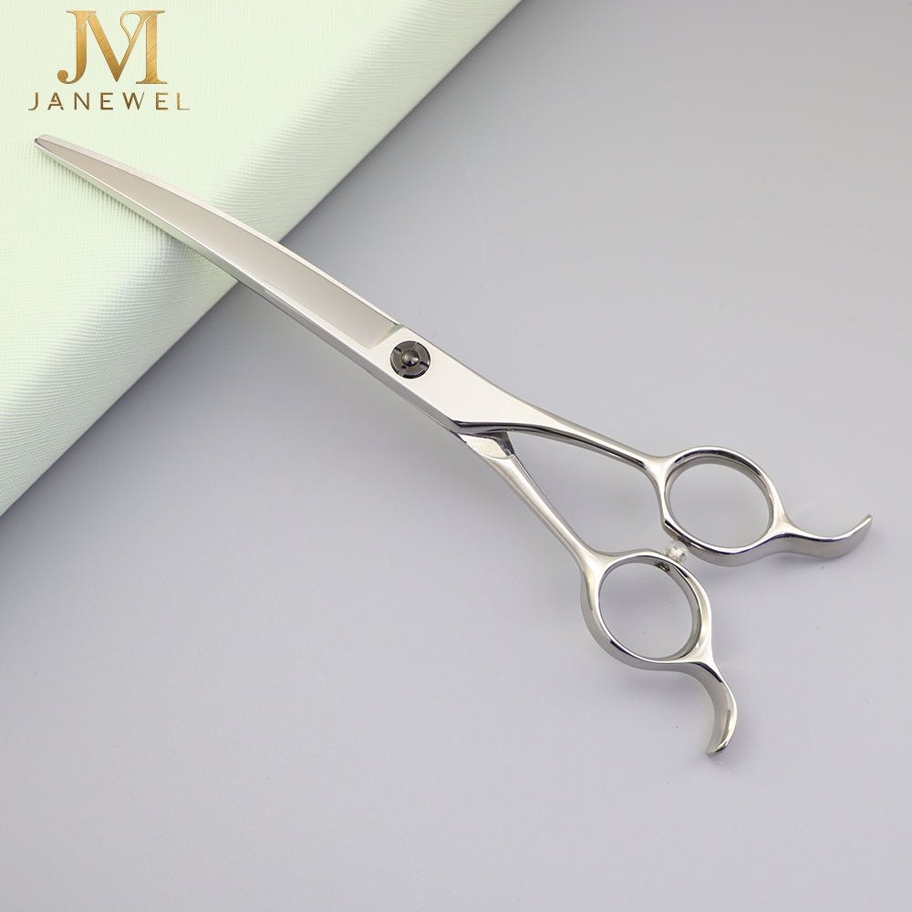 Curved grooming scissors 7 inch VG10 steel 61-62 HRC with convex edge, silver finish, for professional dog styling.