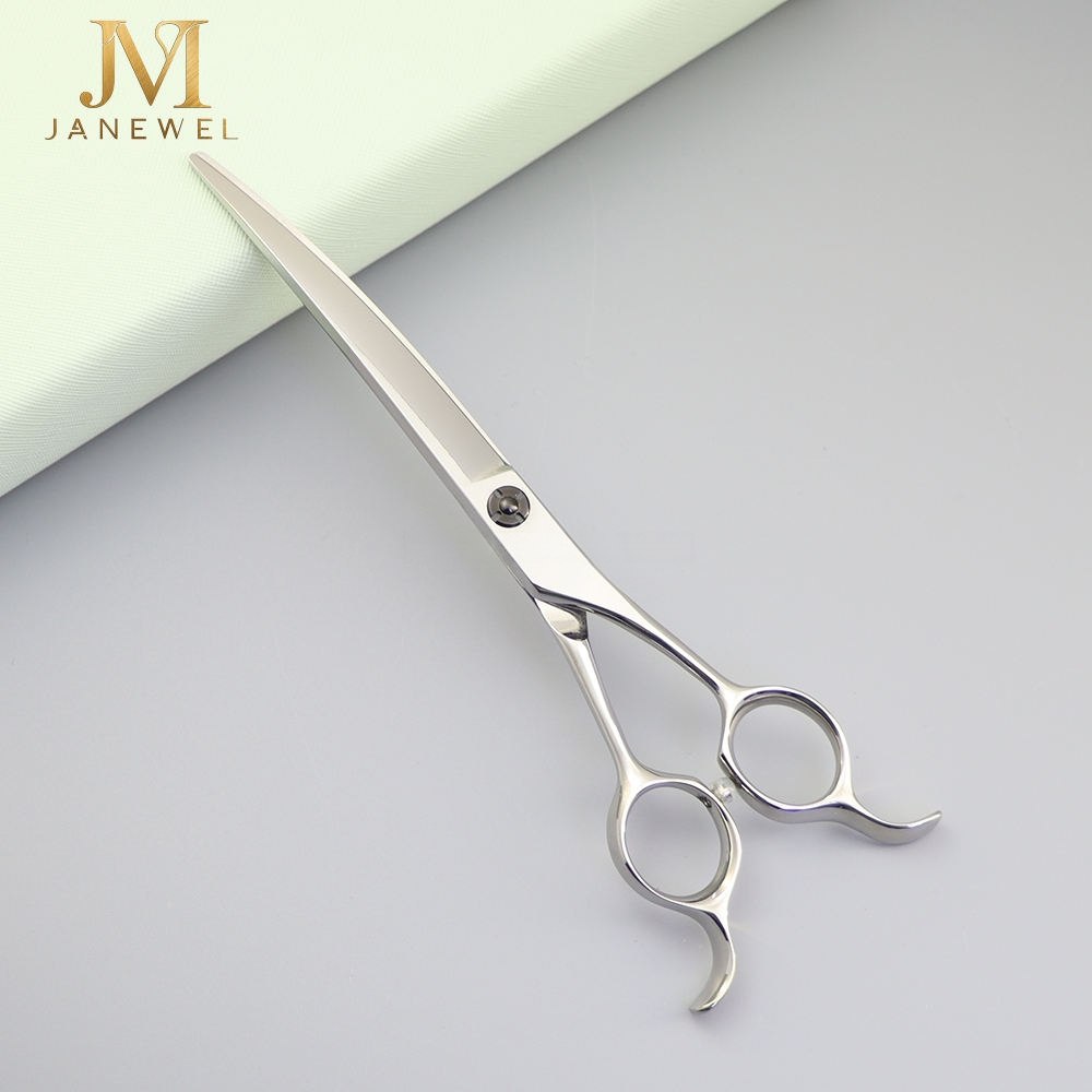 Curved grooming scissors 7 inch VG10 steel 61-62 HRC with convex edge, silver finish, for professional dog styling. - thumbnail 2
