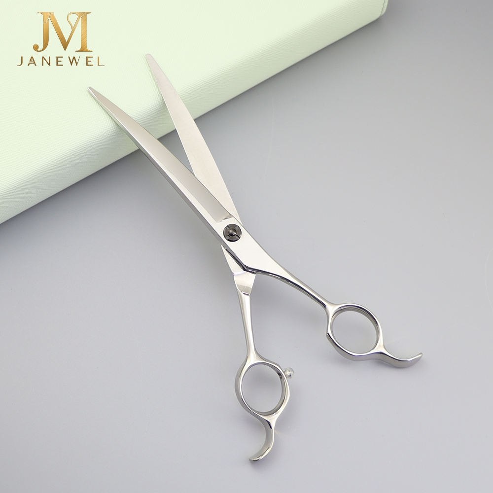 Curved grooming scissors 7 inch VG10 steel 61-62 HRC with convex edge, silver finish, for professional dog styling. - thumbnail 3