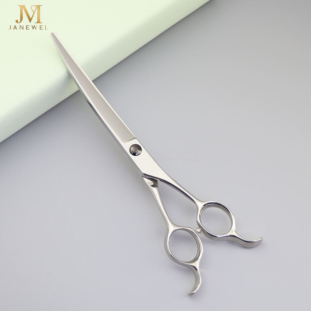 Curved grooming scissors 7 inch VG10 steel 61-62 HRC with convex edge, silver finish, for professional dog styling. - thumbnail 4